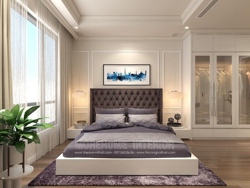 Thiết kế nội thất giường ngủ biệt thự chất liệu gỗ công nghiệp phun sơn trắng cao cấp, phần đầu giường gia chủ lựa chọn bọc nỉ nhung màu tối tạo nên điểm nhấn huyền bí và đẳng cấp hơn cho căn phòng