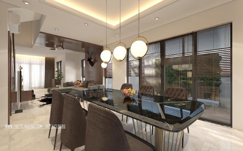 Mẫu bàn ăn hiện đại được thiết kế đơn giản, phần mặt bàn sử dụng ốp đá tự nhiên tạo nên cảm giác sang trọng và sạch sẽ hơn