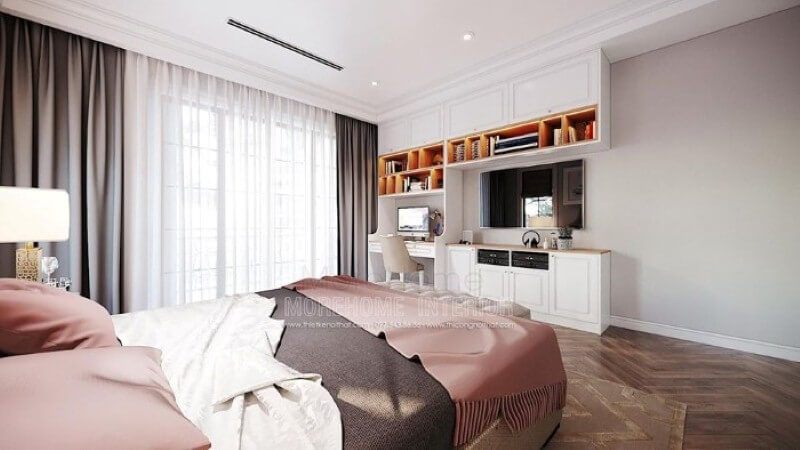 Bố trí nội thất góc học tập trong phòng ngủ của bé gái đẹp ấn tượng theo phong cách đương đại.